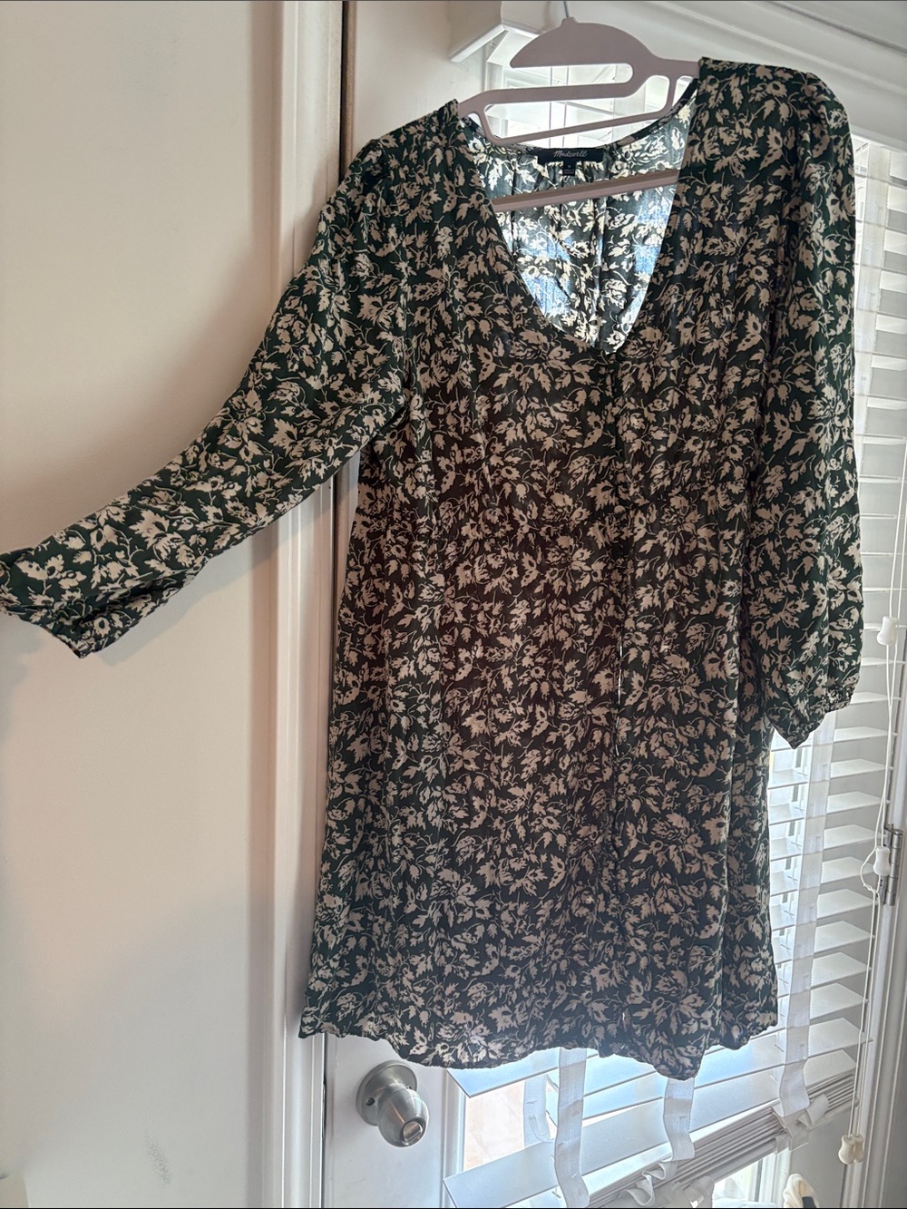 Madewell Dark Green Floral V-Neck Long Sleeve Dress